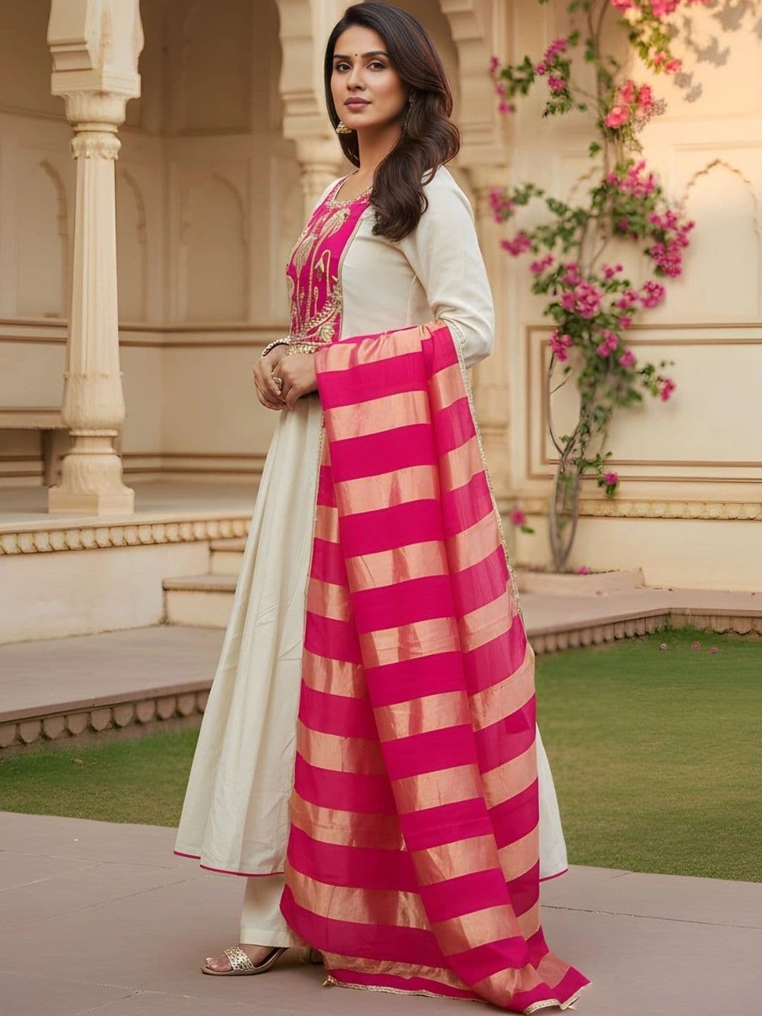 KALINI Women Ethnic Motifs Empire Thread Work Pure Silk Kurta with Trousers & With Dupatta thumbnail 2