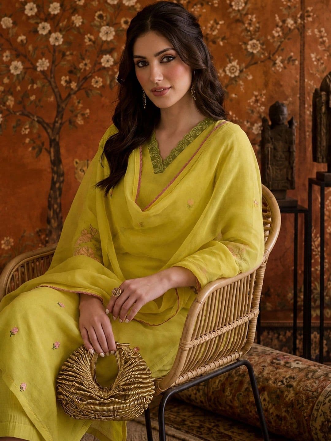 Sangria Women Embroidered Chanderi Cotton Kurta Set with Trousers & Organza Dupatta thumbnail 7