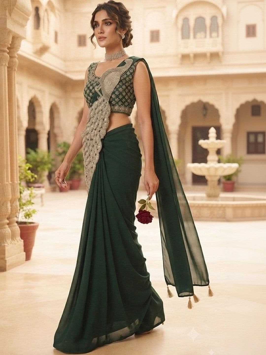 SmileyFashion Embellished Embroidered Pure Georgette Designer Saree thumbnail 4