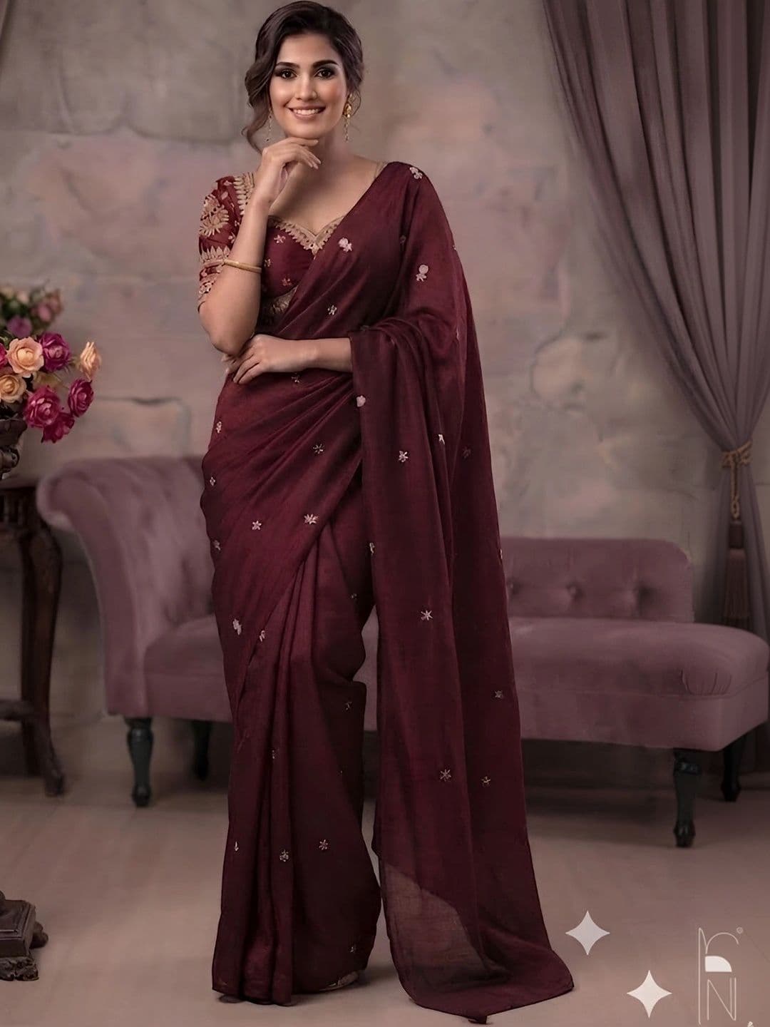 VRAGI Floral Embroidered Tissue Saree - view 1