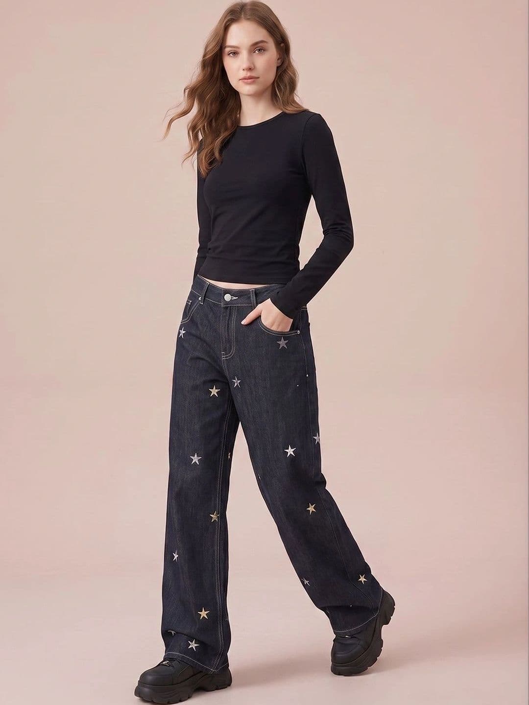 ATELIER REBEL Women Wide Leg Mid-Rise Heavy Fade Embroidered Jeans thumbnail 7