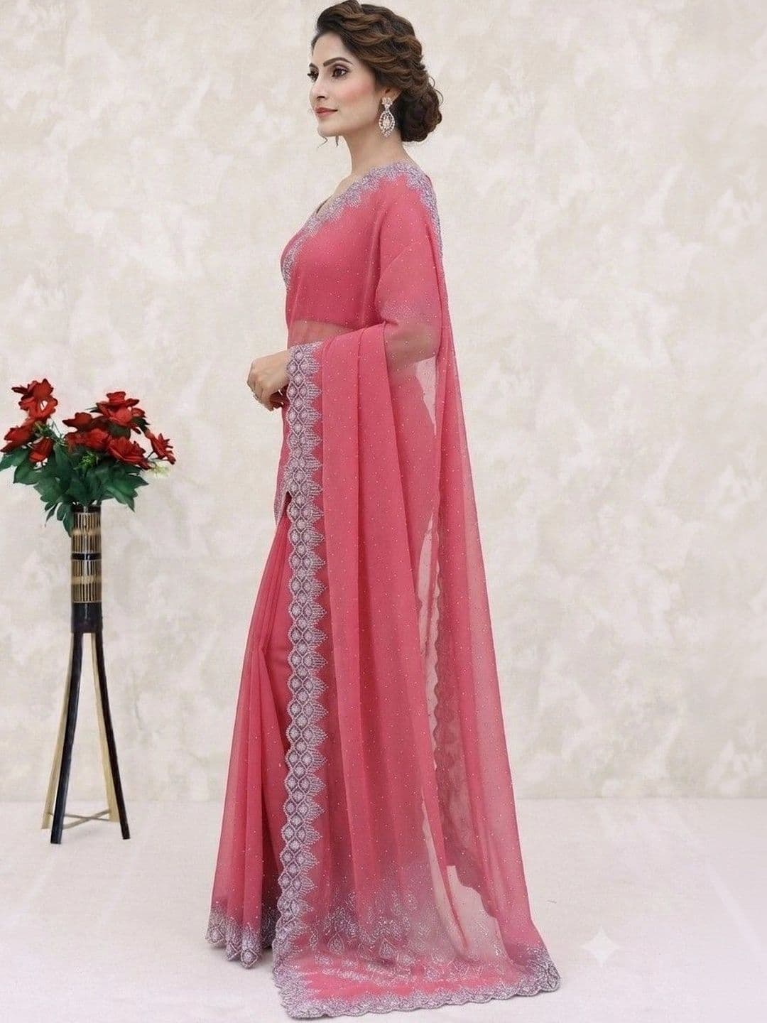 SmileyFashion Embroidered Pure Georgette Saree thumbnail 5