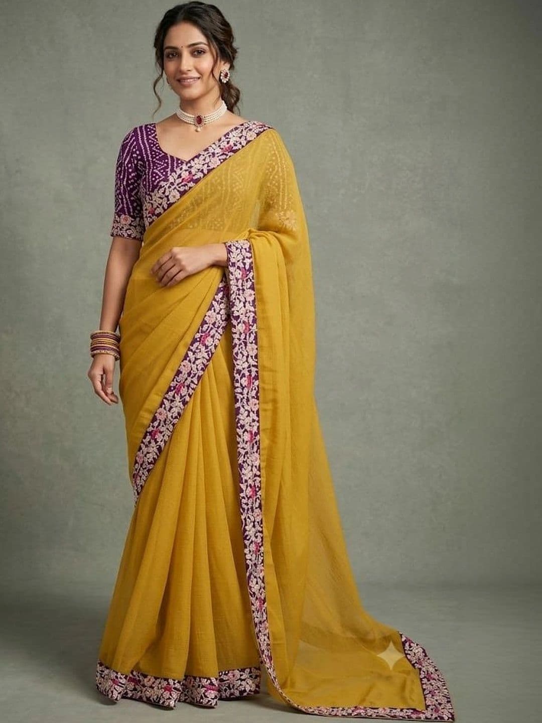 SmileyFashion Women Floral Poly Chiffon Designer Saree - view 1