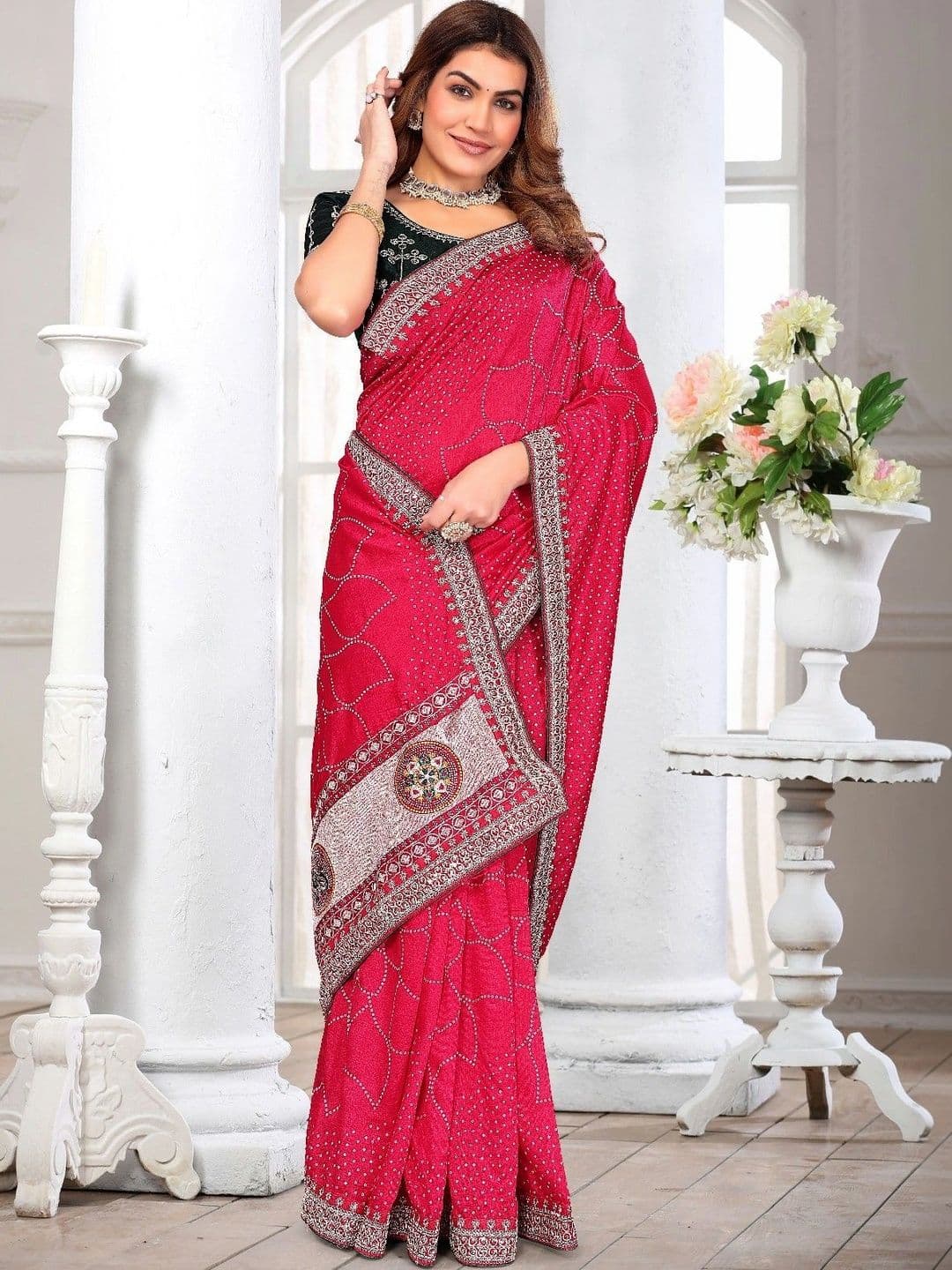 SmileyFashion Bandhani Embroidered Art Silk Designer Saree - view 1