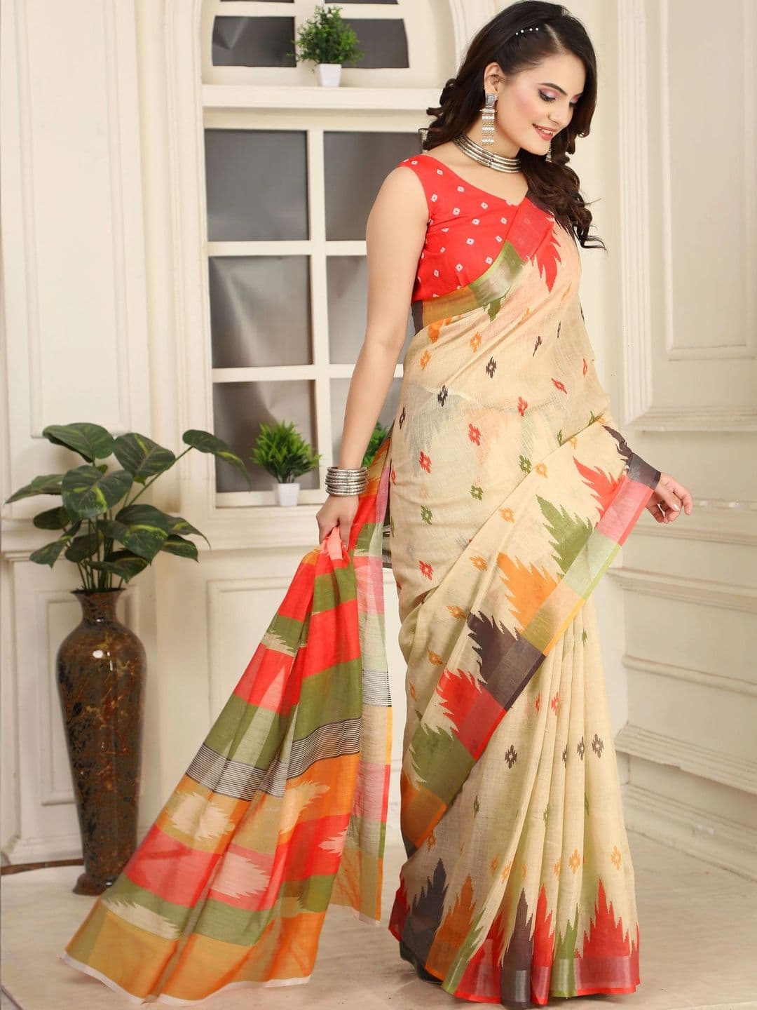 MANVAA Striped Cotton Linen Saree thumbnail 2