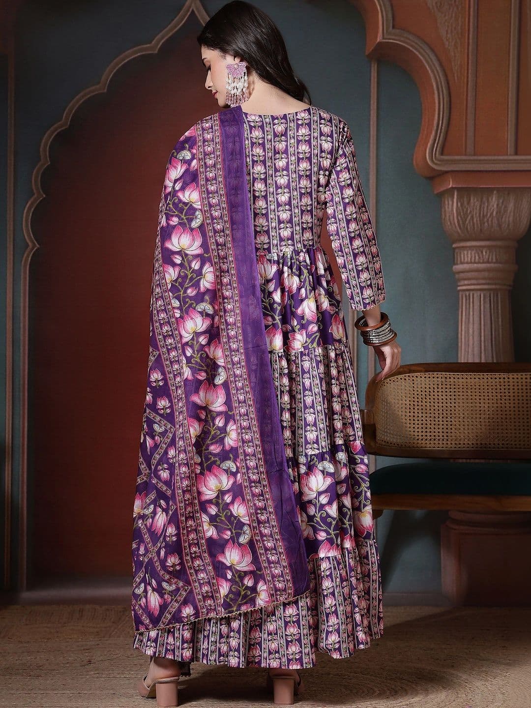 Sangria Women Floral Printed Tiered Pure Cotton Kurta with Trousers & With Dupatta thumbnail 5