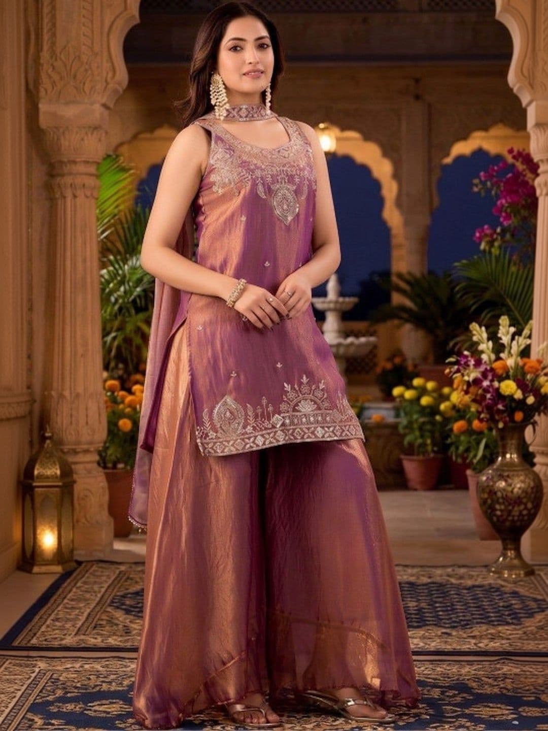 Tankori Women Ethnic Motifs Embroidered Regular Kurta with Palazzos & With Dupatta thumbnail 2