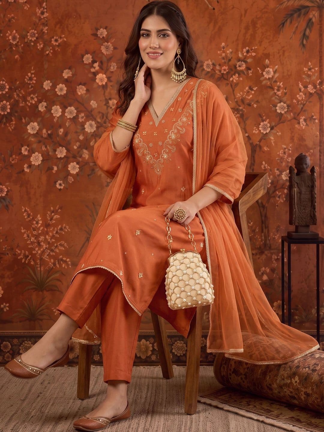 Sangria Embroidered Silk Blend V-Neck Kurta & Trousers With Dupatta thumbnail 2