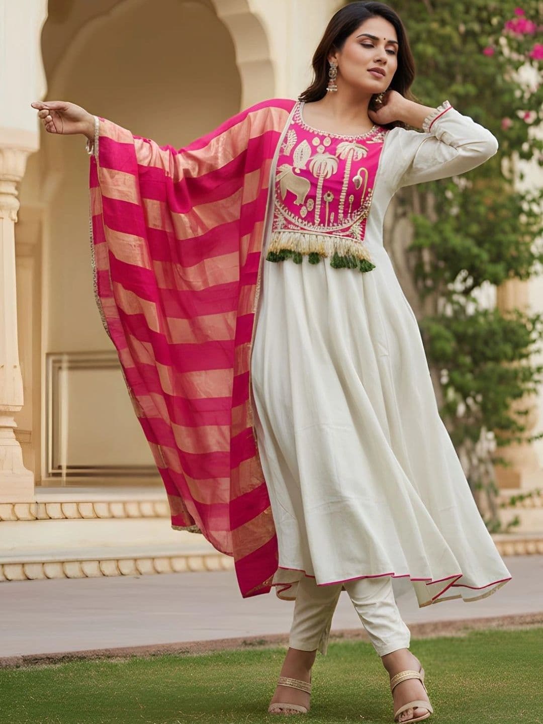 KALINI Women Ethnic Motifs Empire Thread Work Pure Silk Kurta with Trousers & With Dupatta thumbnail 5
