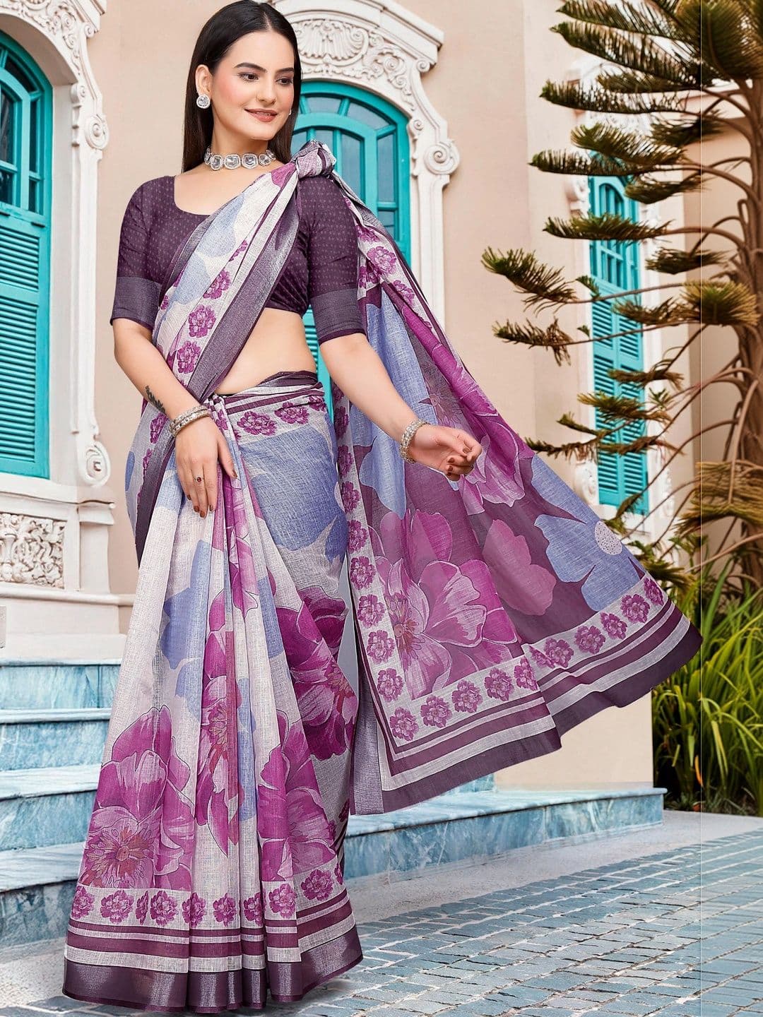 Maroosh Saree with Floral Border Print thumbnail 2