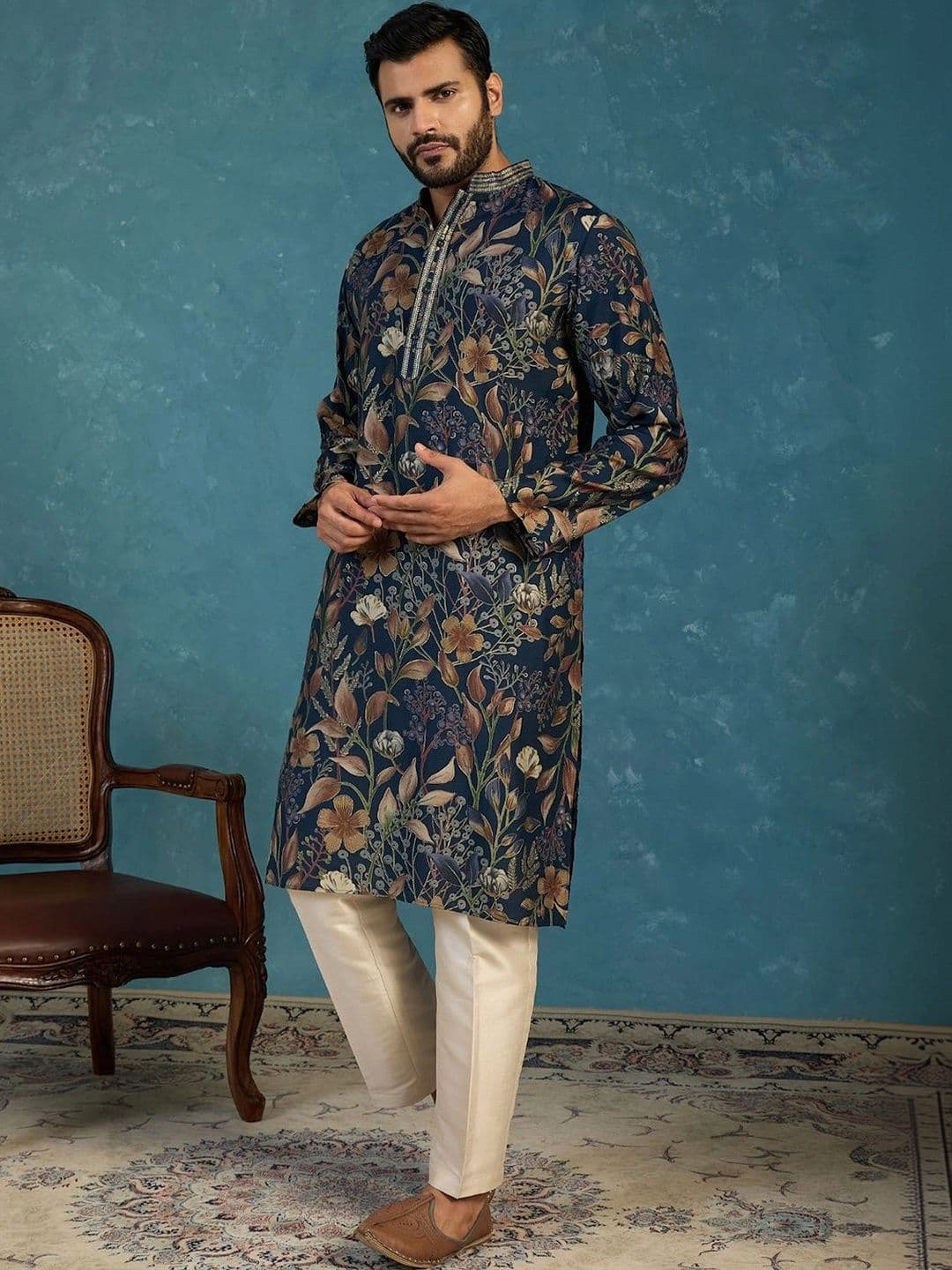House of Pataudi Men Floral Printed Thread Work Floral Kurta thumbnail 7