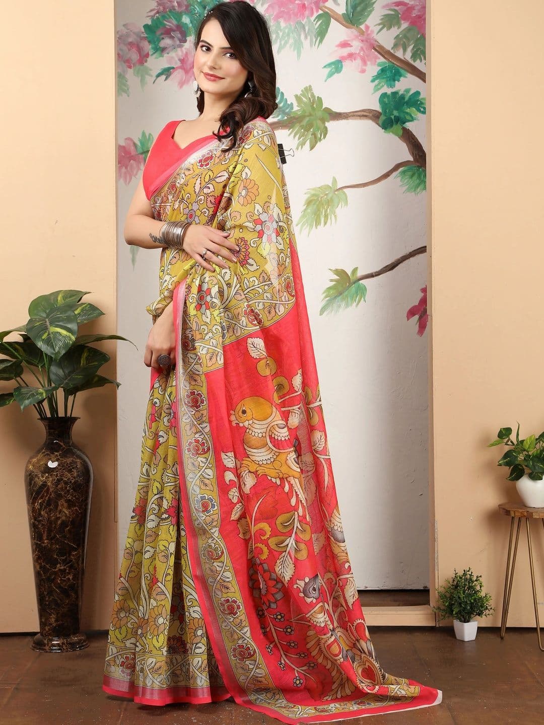 Maroosh Kalamkari Cotton Linen Saree with Paisley Print Blouse thumbnail 3