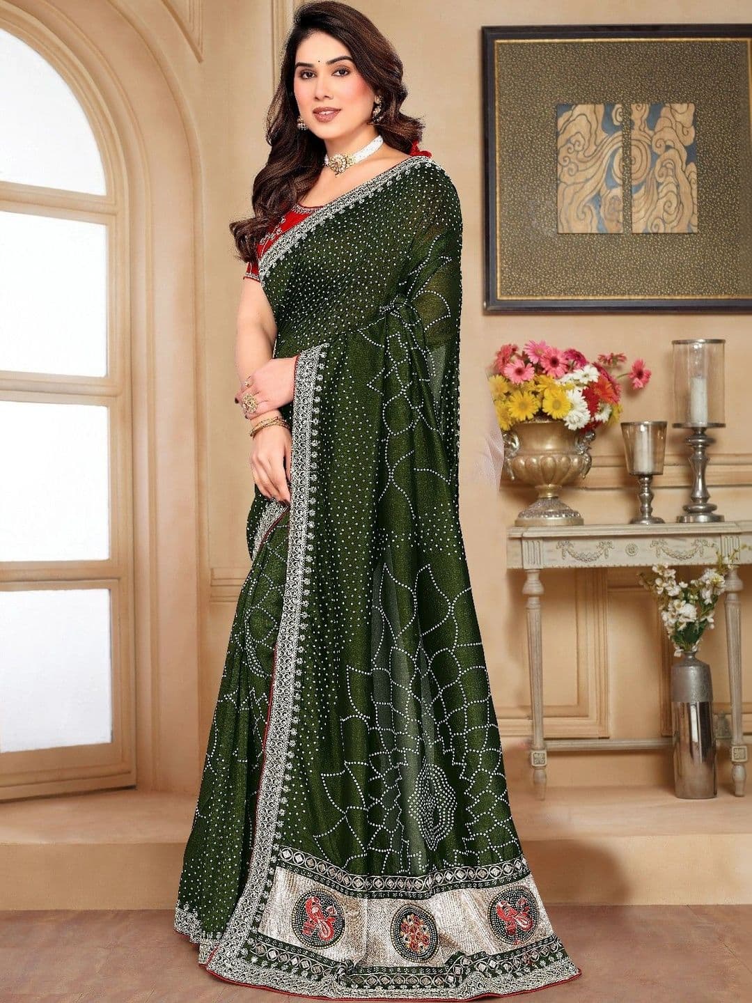 SmileyFashion Bandhani Embroidered Art Silk Designer Saree thumbnail 2