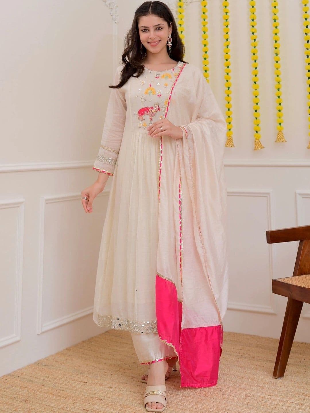 Sangria Women Ethnic Motifs Embroidered Empire Mirror Work Kurta with Trousers & With Dupatta thumbnail 3