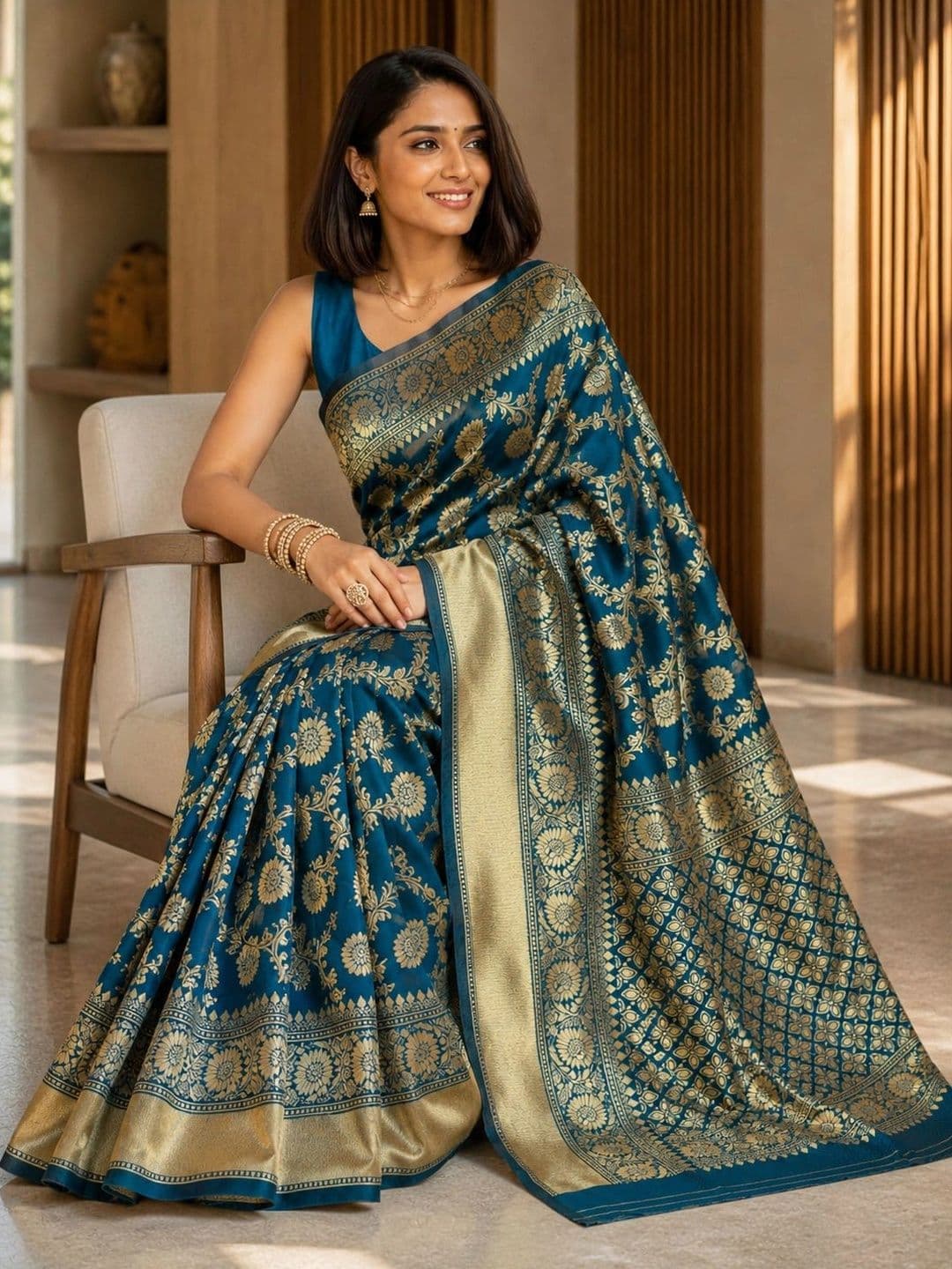 House of Pataudi Women Woven Design Zari Silk Blend Banarasi Saree thumbnail 5