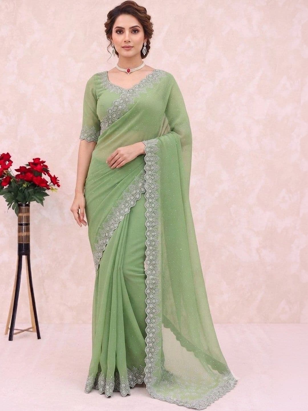 SmileyFashion Embellished Pure Georgette Saree - view 1