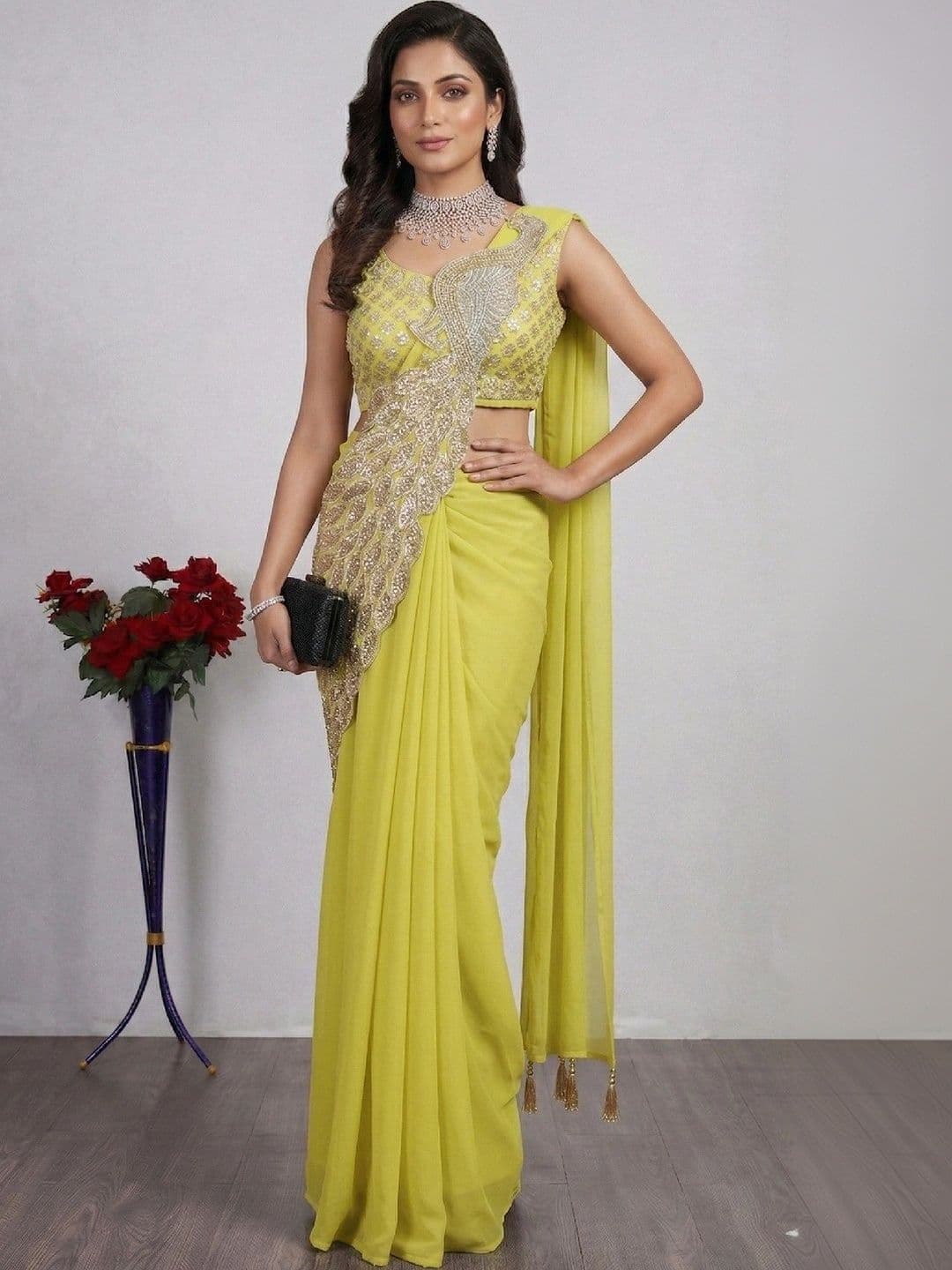 SmileyFashion Embellished Embroidered Pure Georgette Designer Saree - view 1