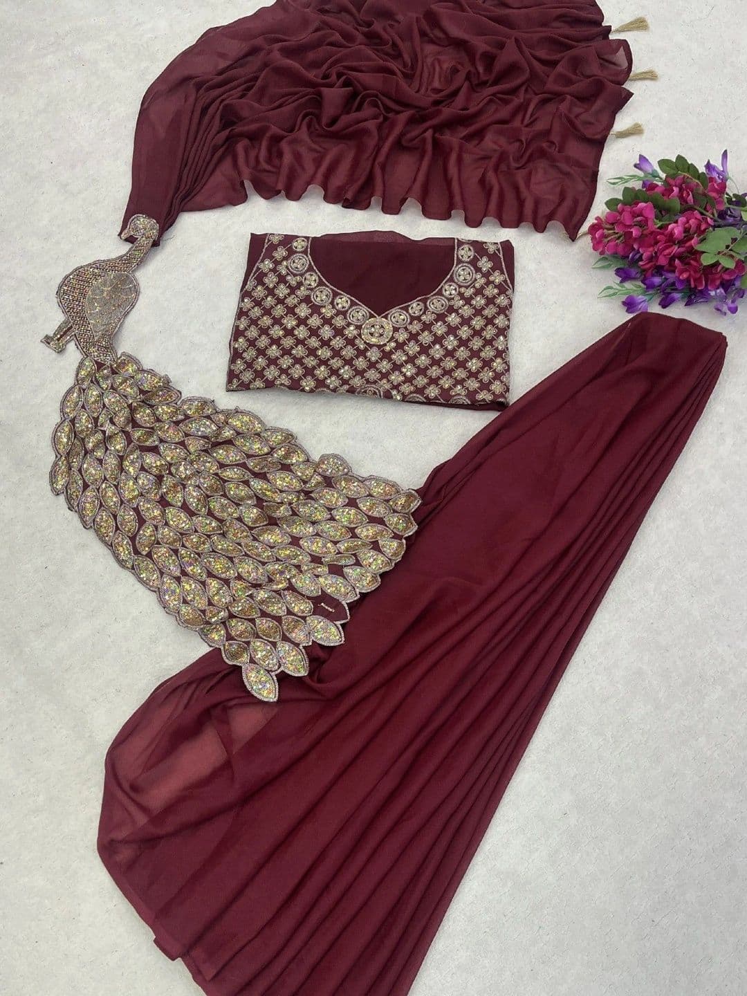SmileyFashion Embellished Embroidered Pure Georgette Designer Saree thumbnail 5