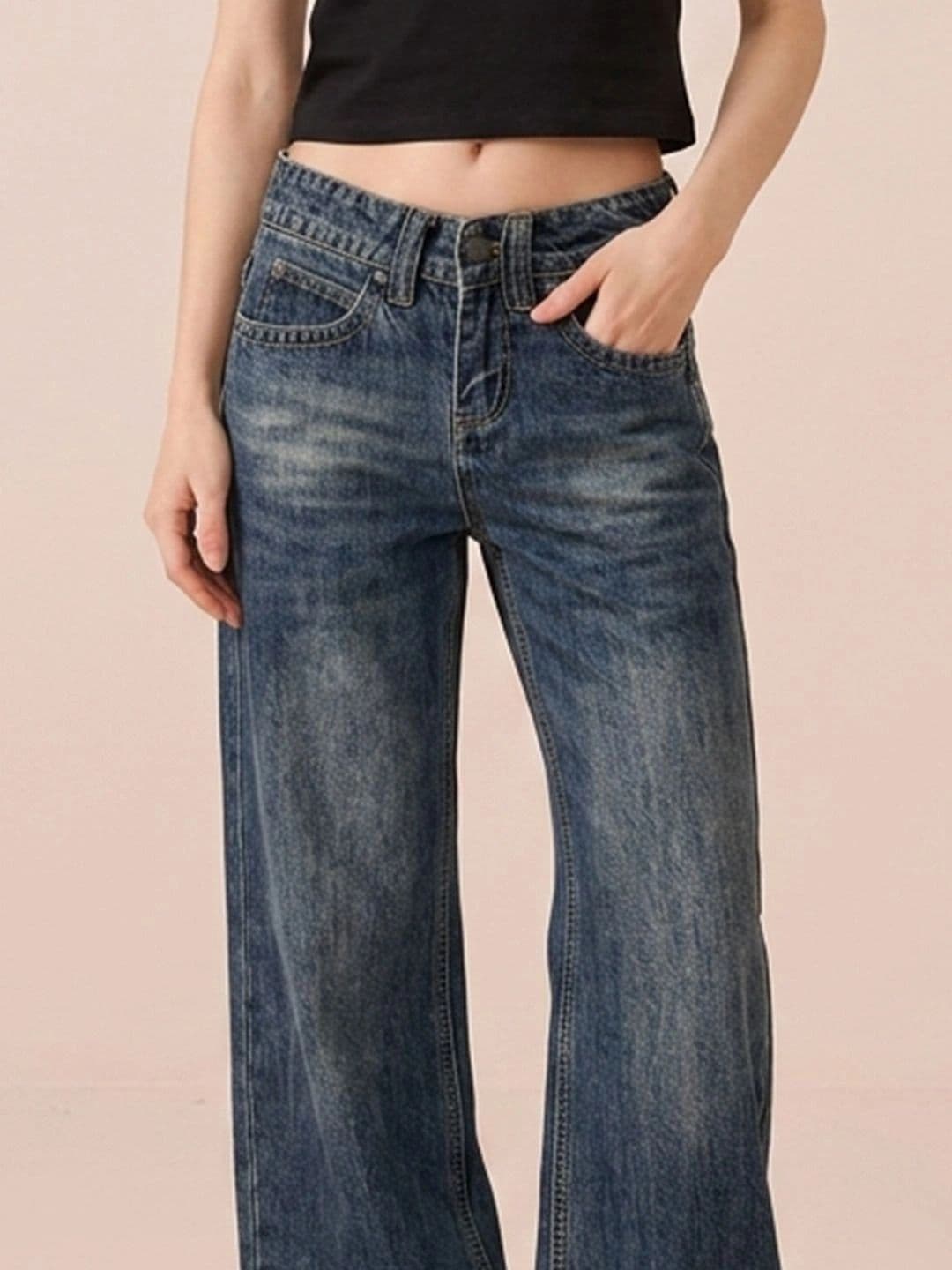 ATELIER REBEL Women Wide Leg Mid-Rise Low Distress Heavy Fade Jeans thumbnail 5