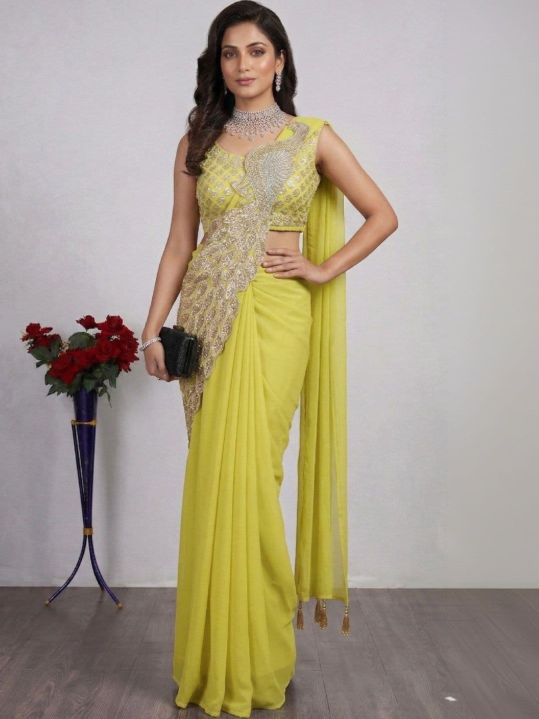 SmileyFashion Embellished Embroidered Pure Georgette Designer Saree - view 1