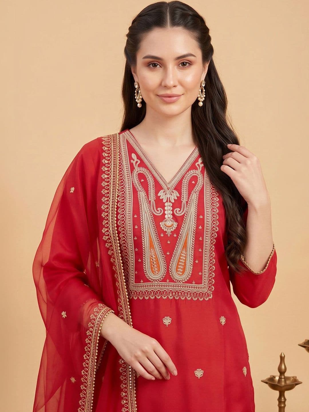 Indo Era Women Ethnic Motifs Embroidered Regular Thread Work Liva Kurta with Trousers & With Dupatta thumbnail 3