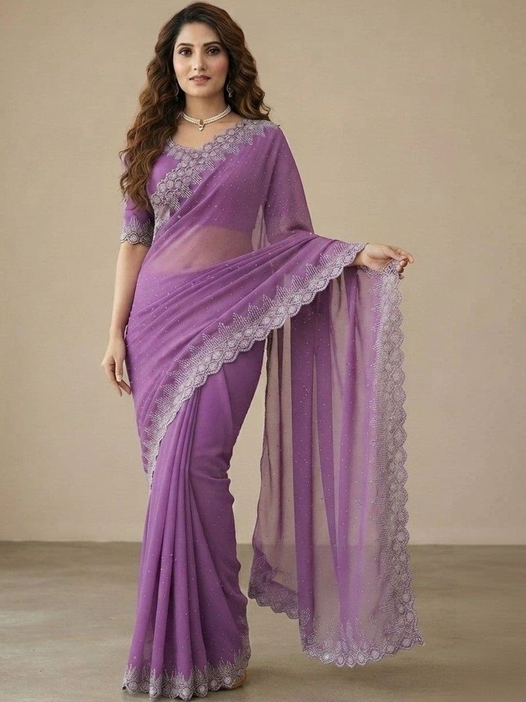 SmileyFashion Embroidered Pure Georgette Saree thumbnail 2
