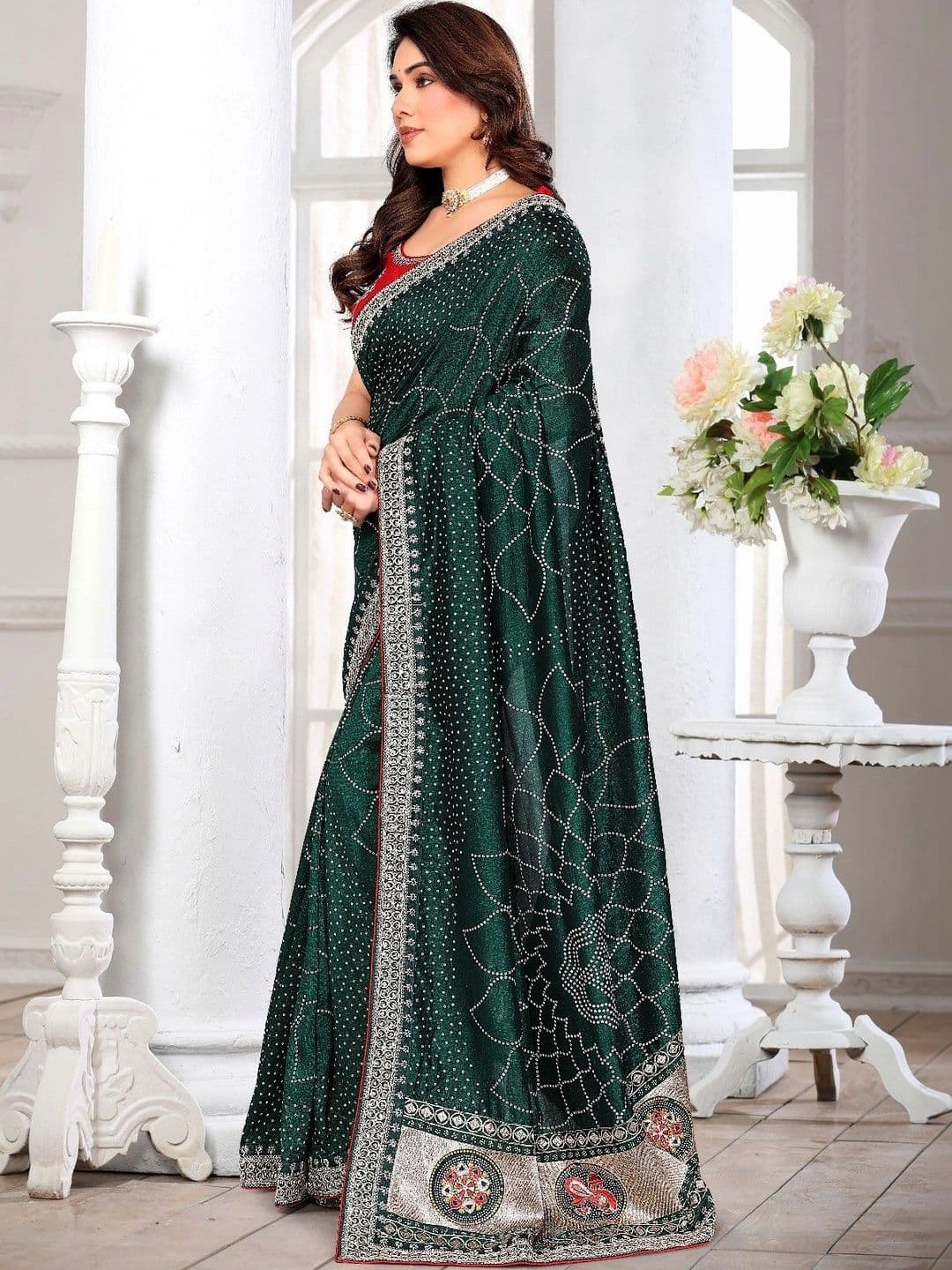 SmileyFashion Bandhani Embroidered Art Silk Designer Saree thumbnail 2