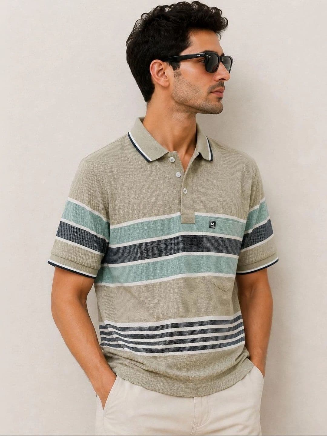 MNO Men Striped Polo Collar Pockets T-shirt thumbnail 2