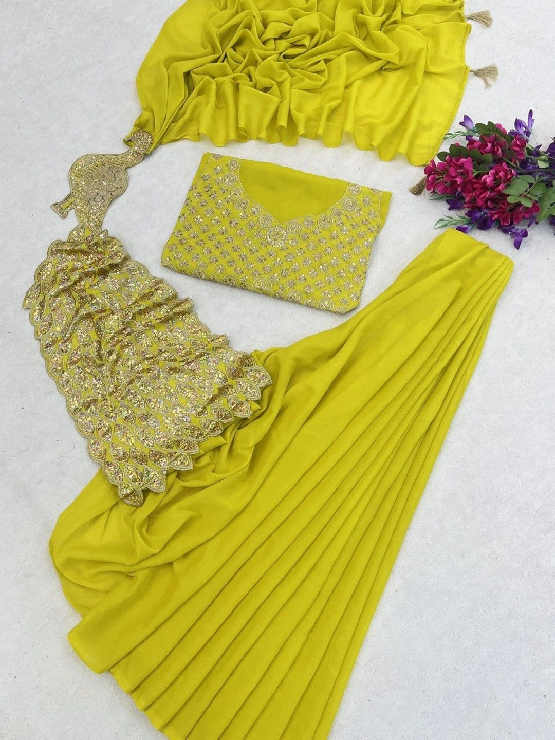 SmileyFashion Embellished Sequinned Pure Georgette Designer Saree thumbnail 5