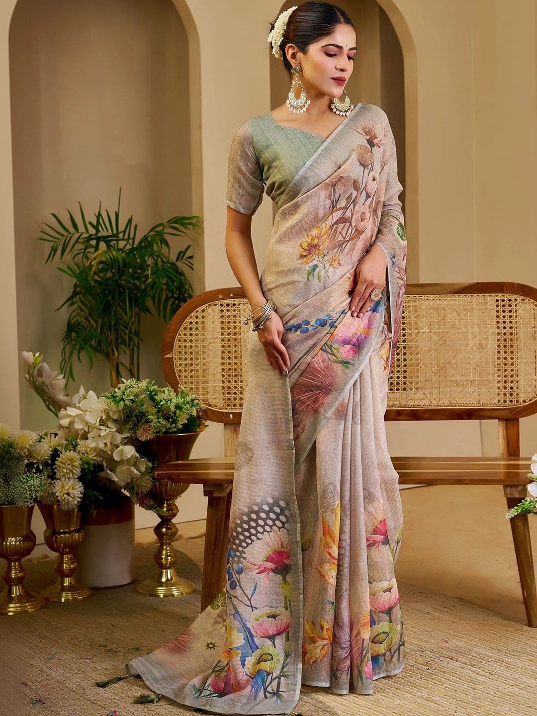 HERE&NOW Women Floral Silk Cotton Handloom Saree thumbnail 5