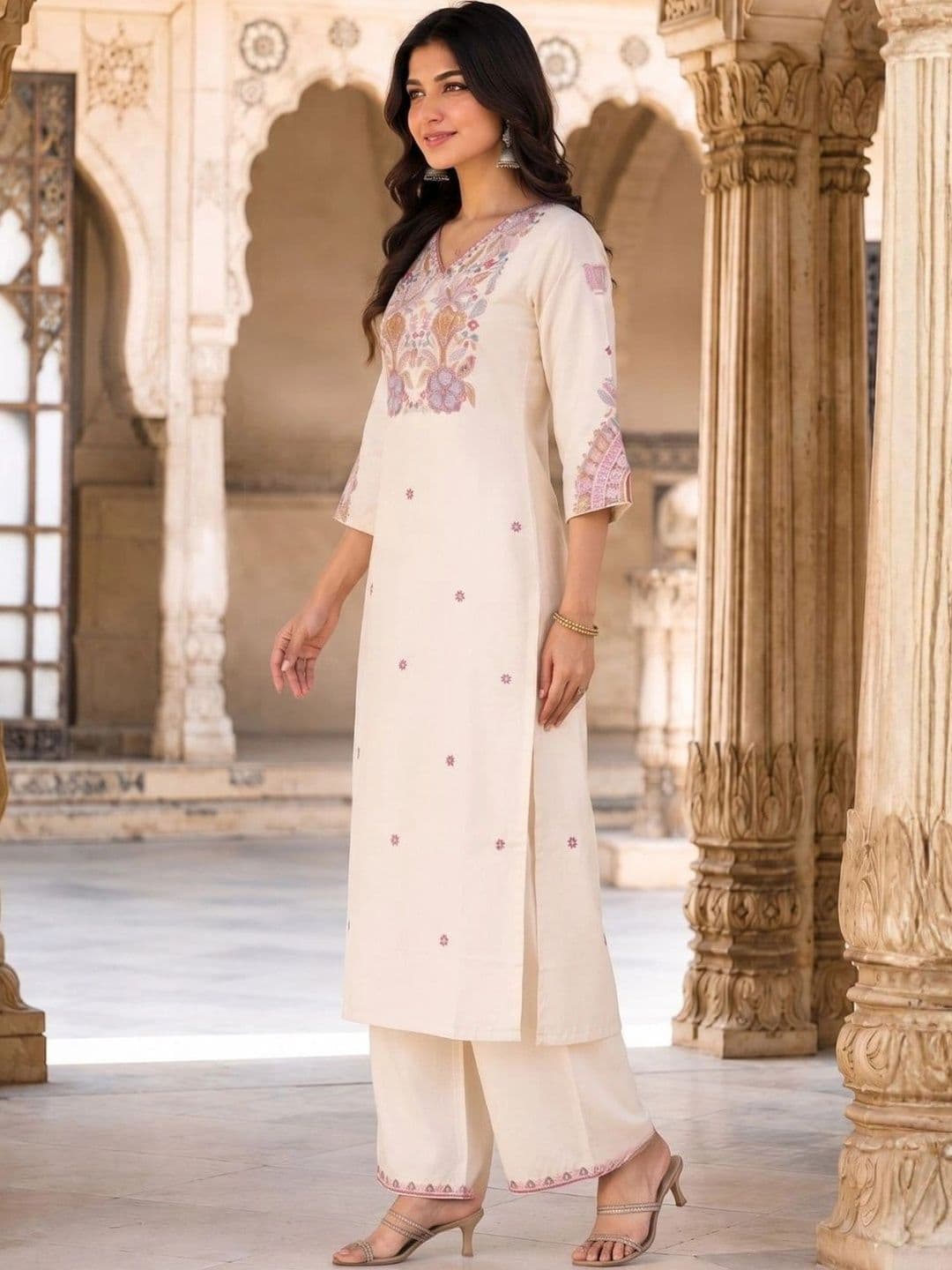 HERE&NOW X fwd Women Ethnic Regular Thread Work Pure Silk Kurta with Palazzos & With thumbnail 7