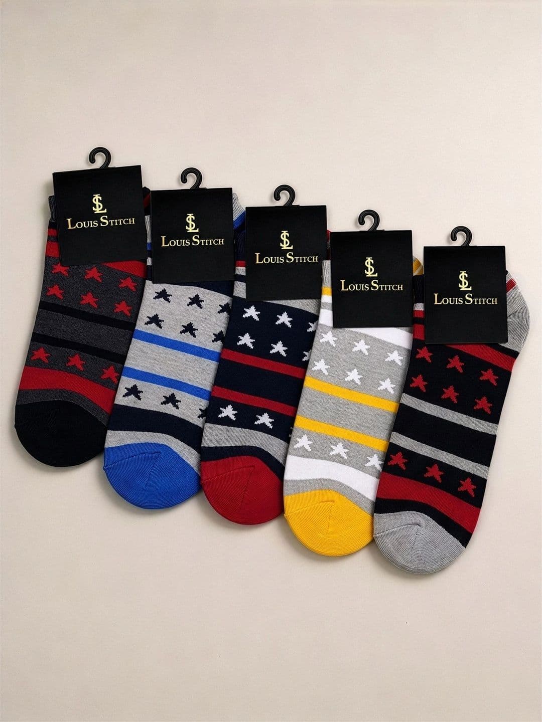 LOUIS STITCH Men Pack of 5 Cotton Assorted Patterned Ankle Length Socks thumbnail 4