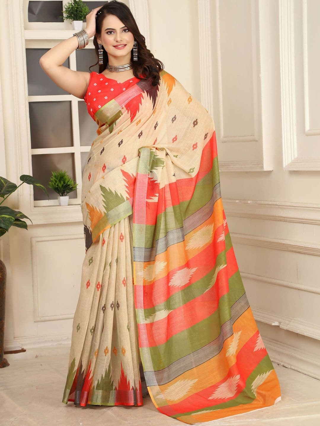 MANVAA Striped Cotton Linen Saree - view 1