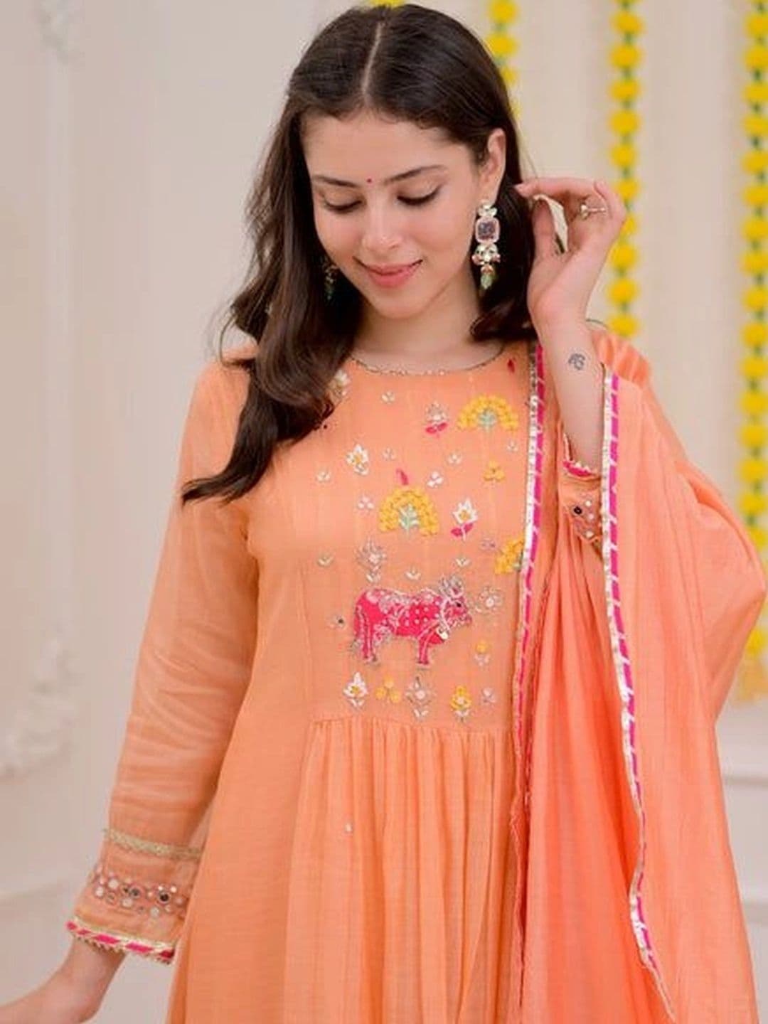 Sangria Women Ethnic Motifs Embroidered Empire Mirror Work Kurta with Trousers & With Dupatta thumbnail 4