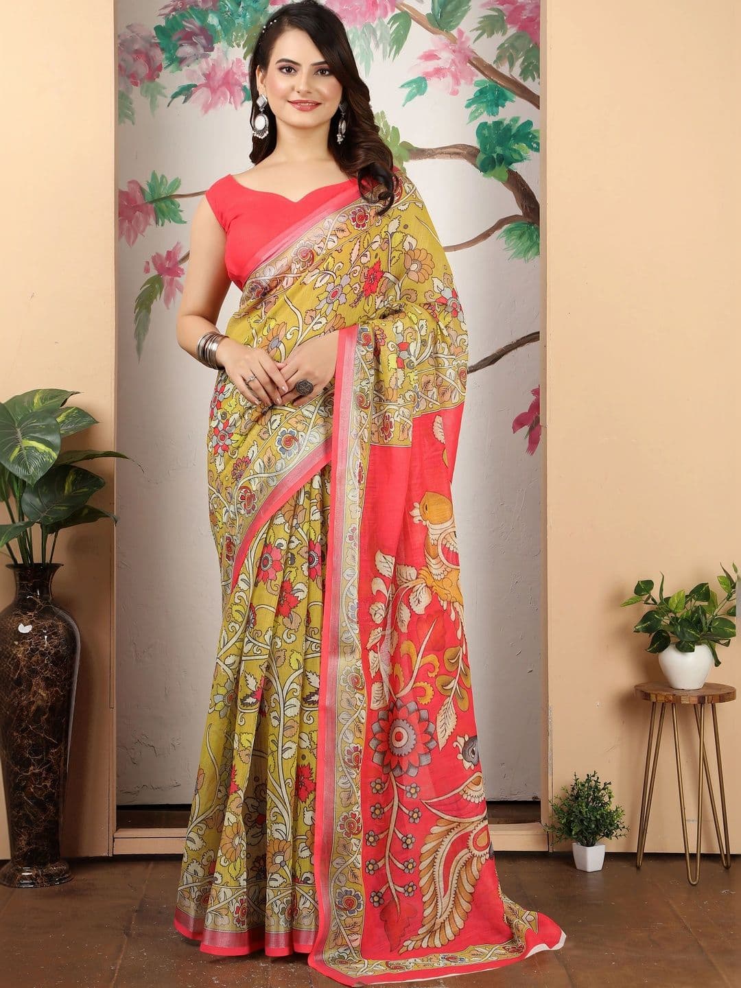 Maroosh Kalamkari Cotton Linen Saree with Paisley Print Blouse - view 1