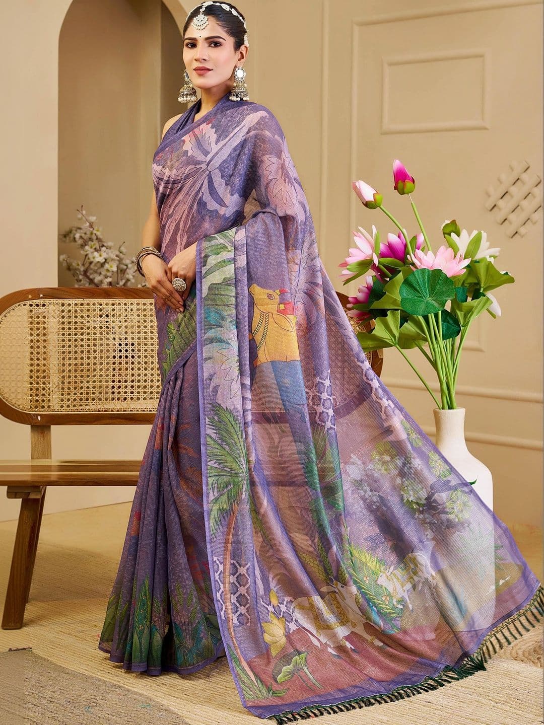 MANVAA Women Floral Printed Silk Cotton Handloom Saree thumbnail 2