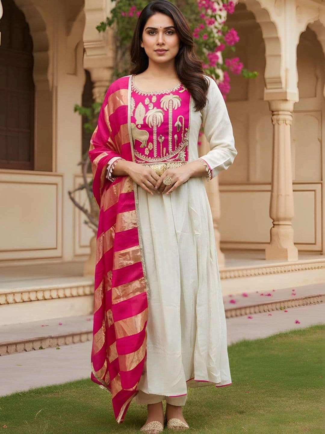 KALINI Women Ethnic Motifs Empire Thread Work Pure Silk Kurta with Trousers & With Dupatta thumbnail 3