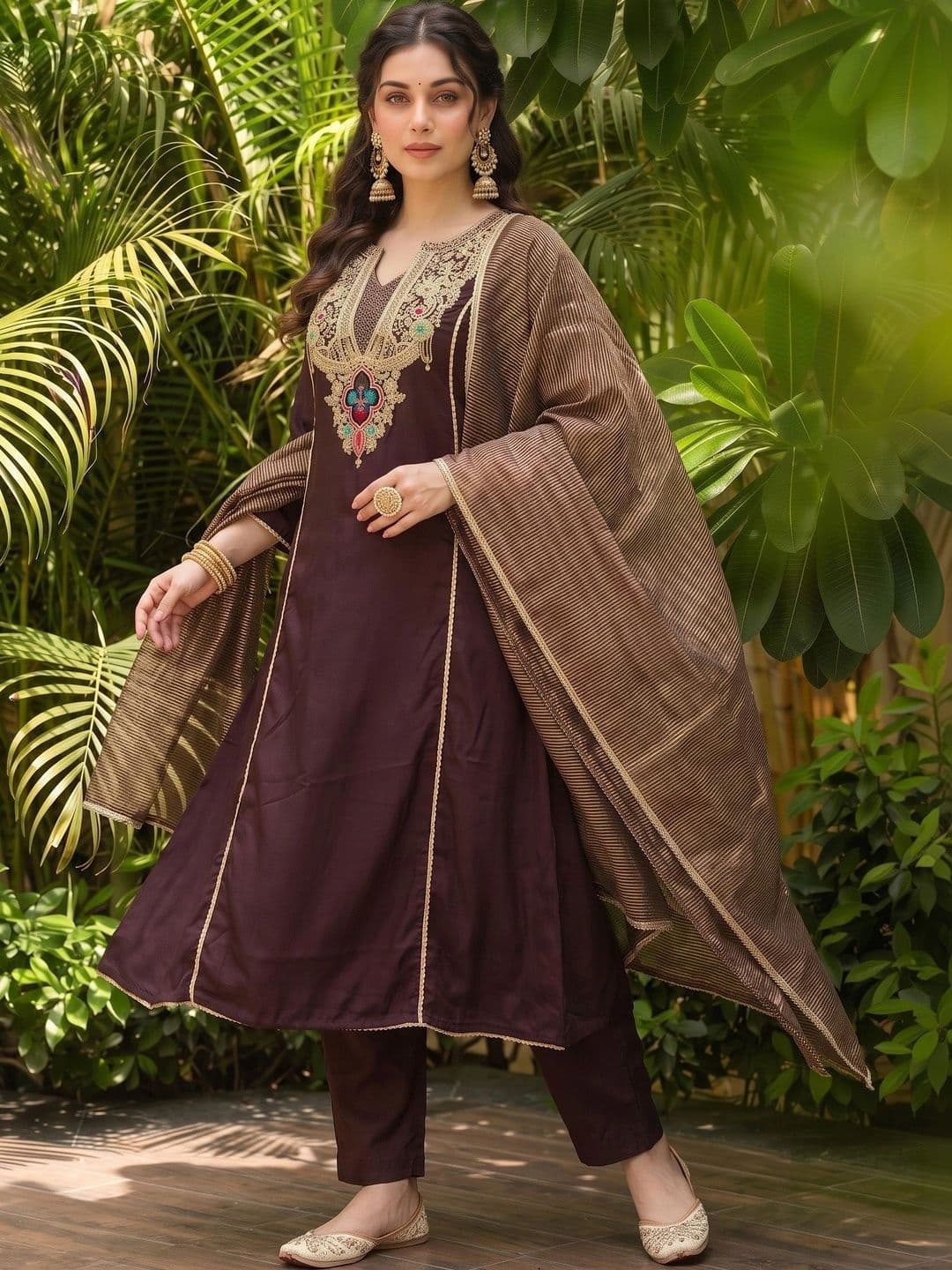 NAZARIA Women Ethnic Motifs Embroidered Regular Kurta with Trousers & With Dupatta thumbnail 7