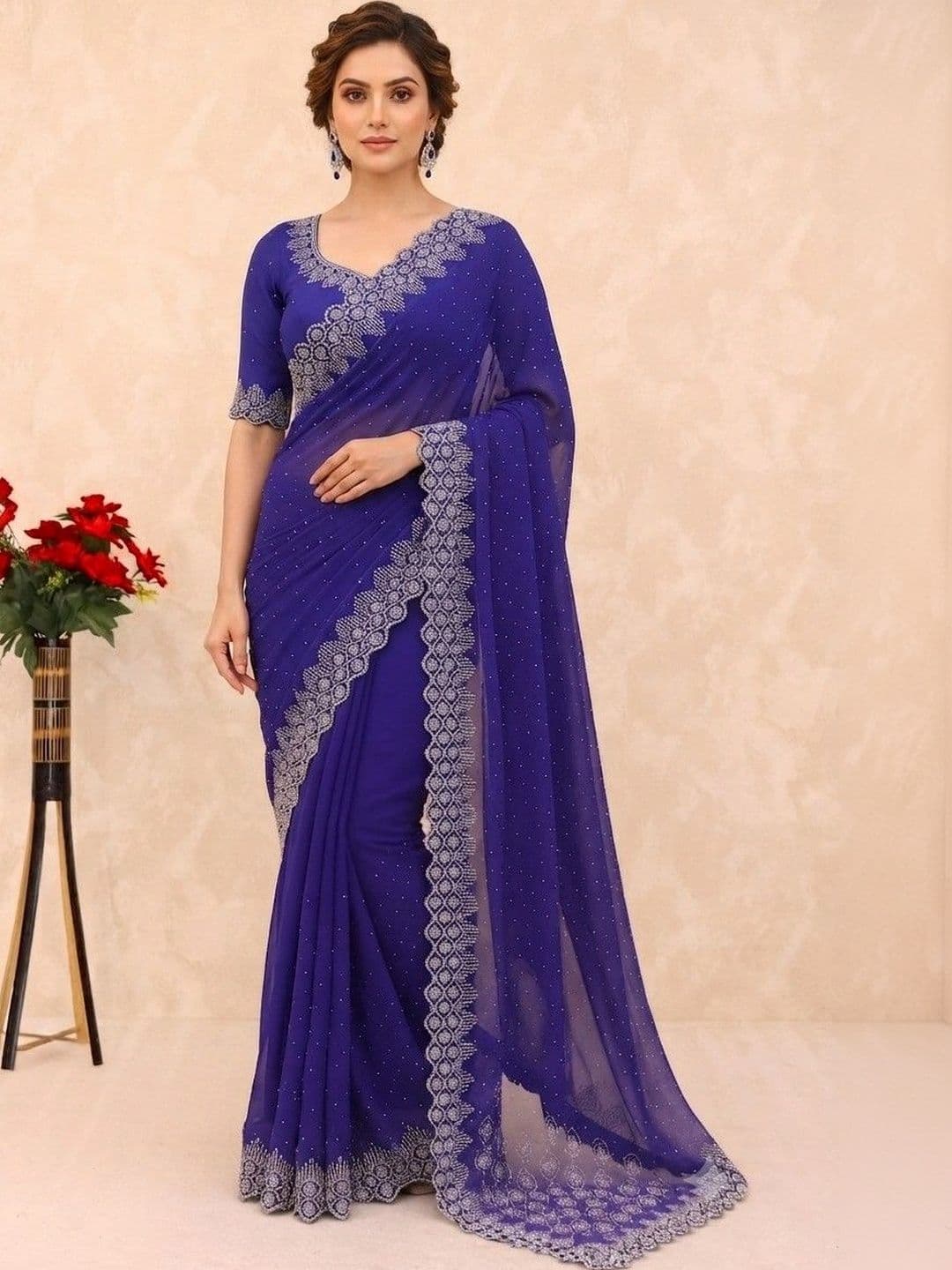 SmileyFashion Embellished Pure Georgette Saree - view 1