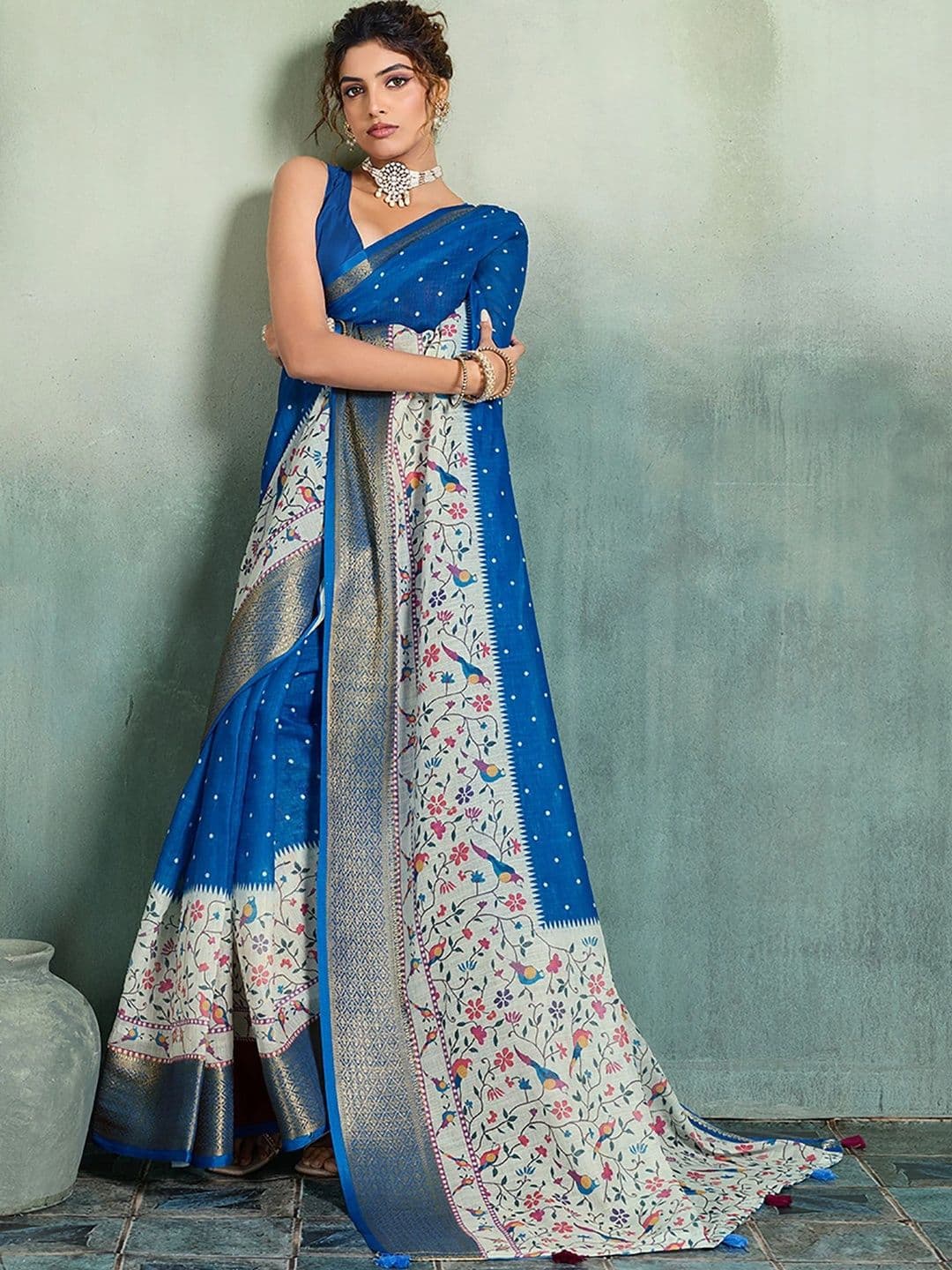 KALINI Zari Designer Block Print Saree thumbnail 5