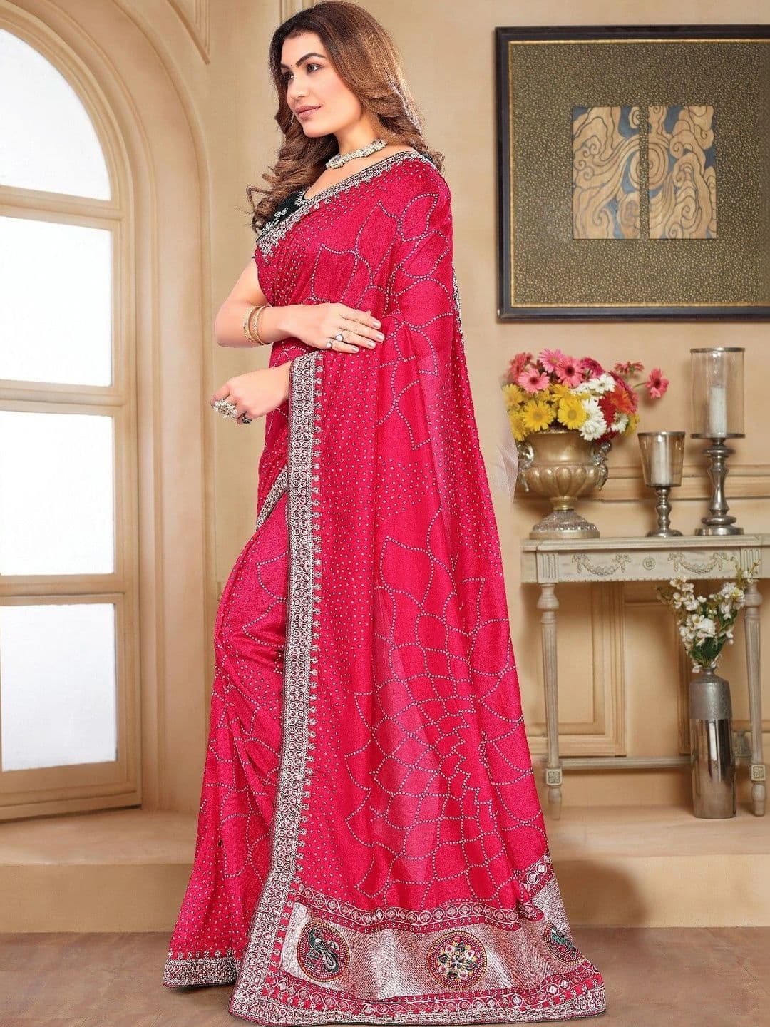 SmileyFashion Bandhani Embroidered Art Silk Designer Saree thumbnail 3