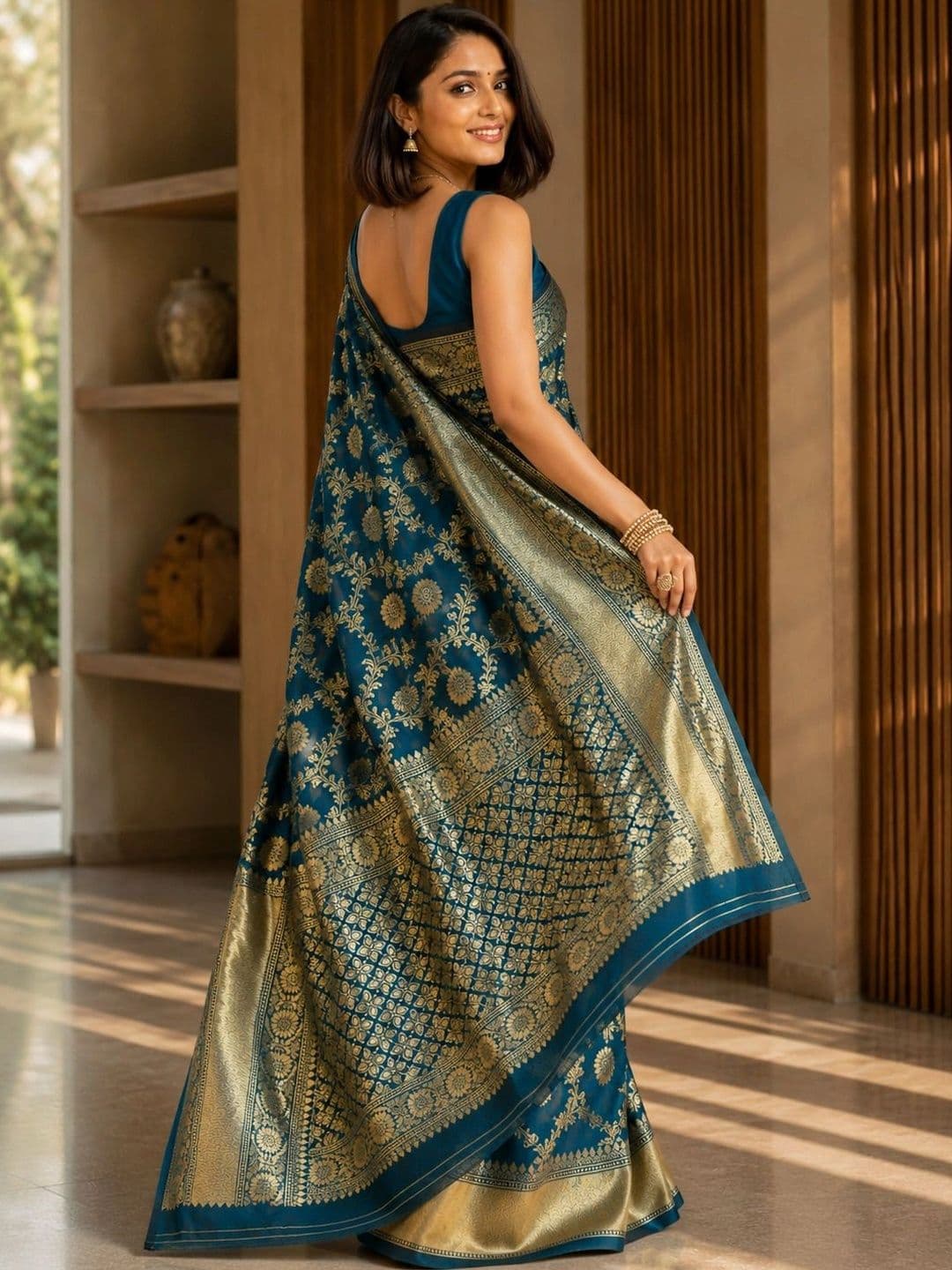 House of Pataudi Women Woven Design Zari Silk Blend Banarasi Saree thumbnail 2