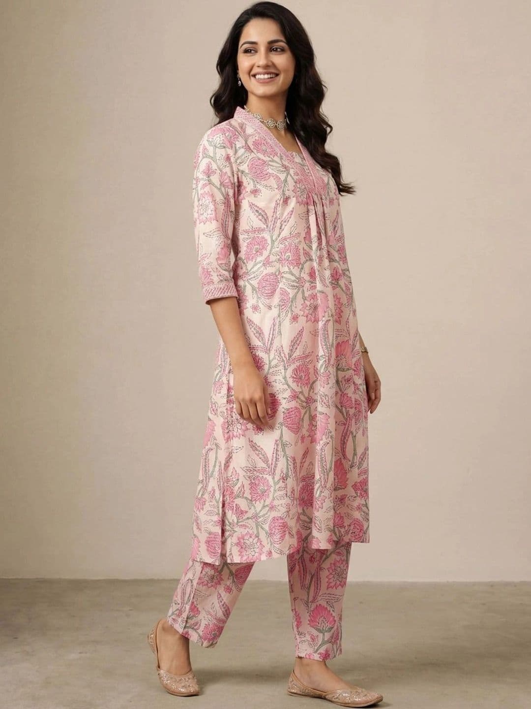 KALINI Women Floral Printed Regular Kurta with Trousers thumbnail 6