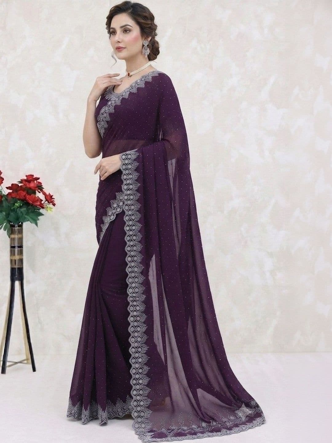 SmileyFashion Embellished Pure Georgette Saree thumbnail 3