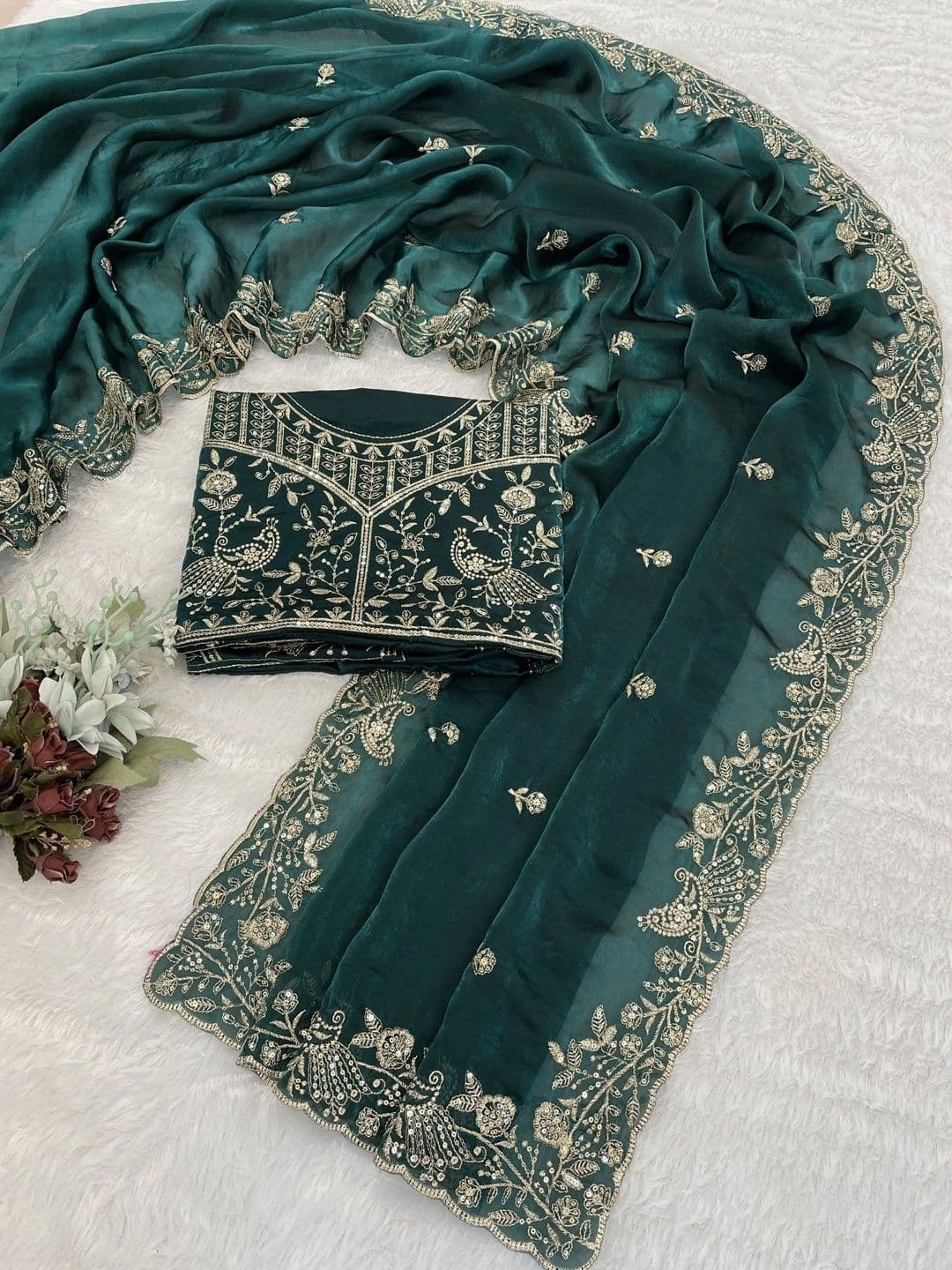 Zari and Ziba Floral Embroidered Satin Designer Saree thumbnail 4