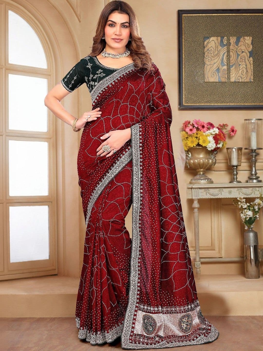 SmileyFashion Bandhani Embroidered Art Silk Designer Saree thumbnail 4