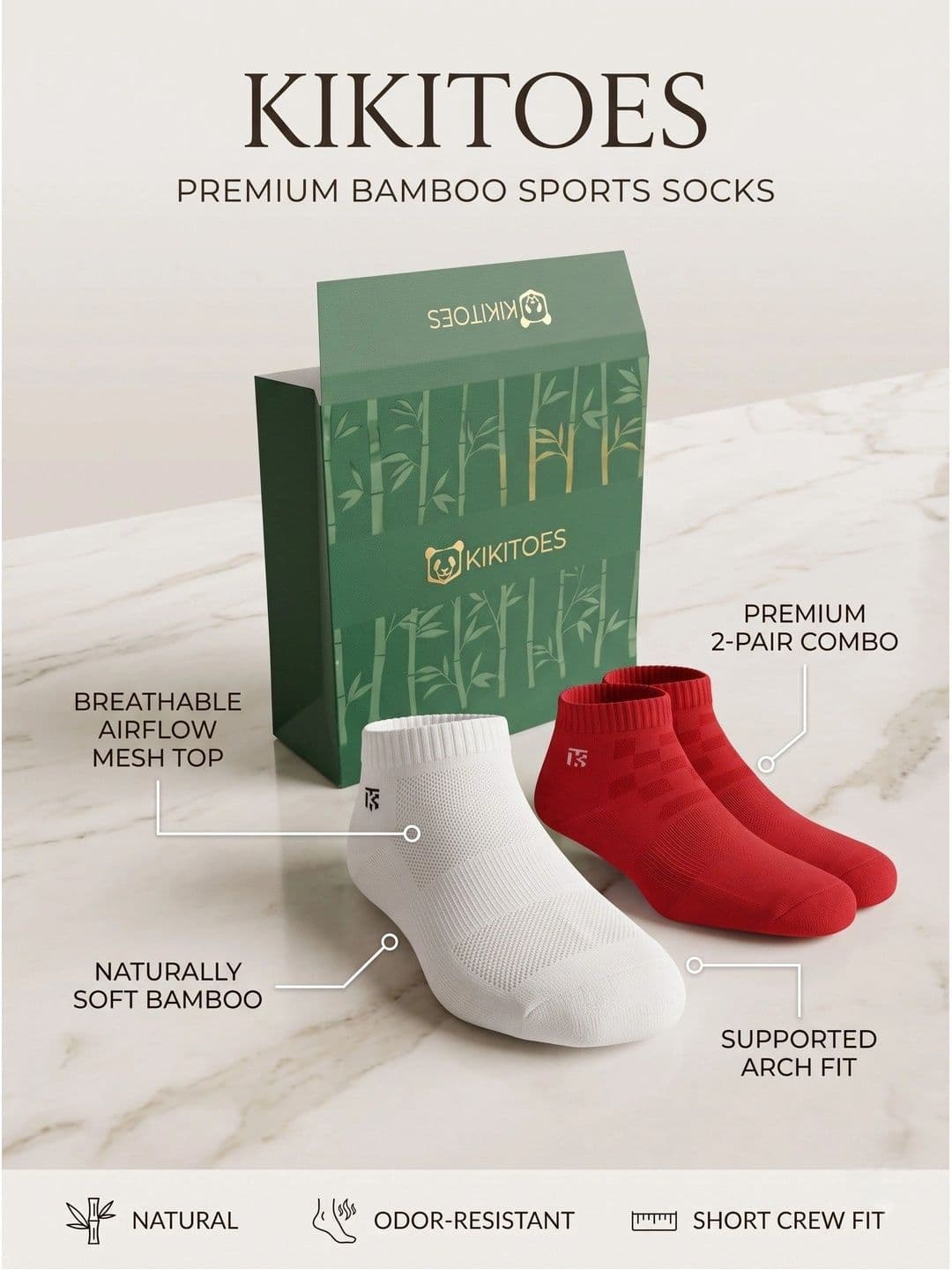 Kikitoes Men Pack of 2 Bamboo Solid Ankle Sports Socks Soft Cushioned Breathable thumbnail 5