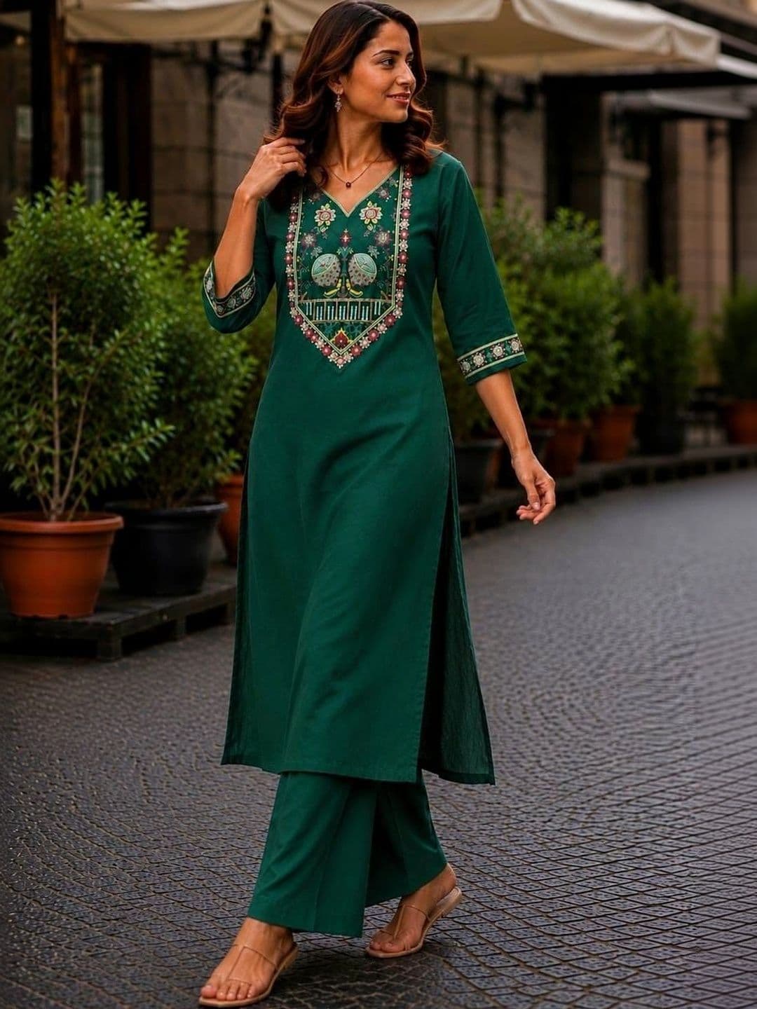 B&B Fashion Women Ethnic Motifs Embroidered Regular Thread Work Pure Cotton Kurta with Palazzos thumbnail 5