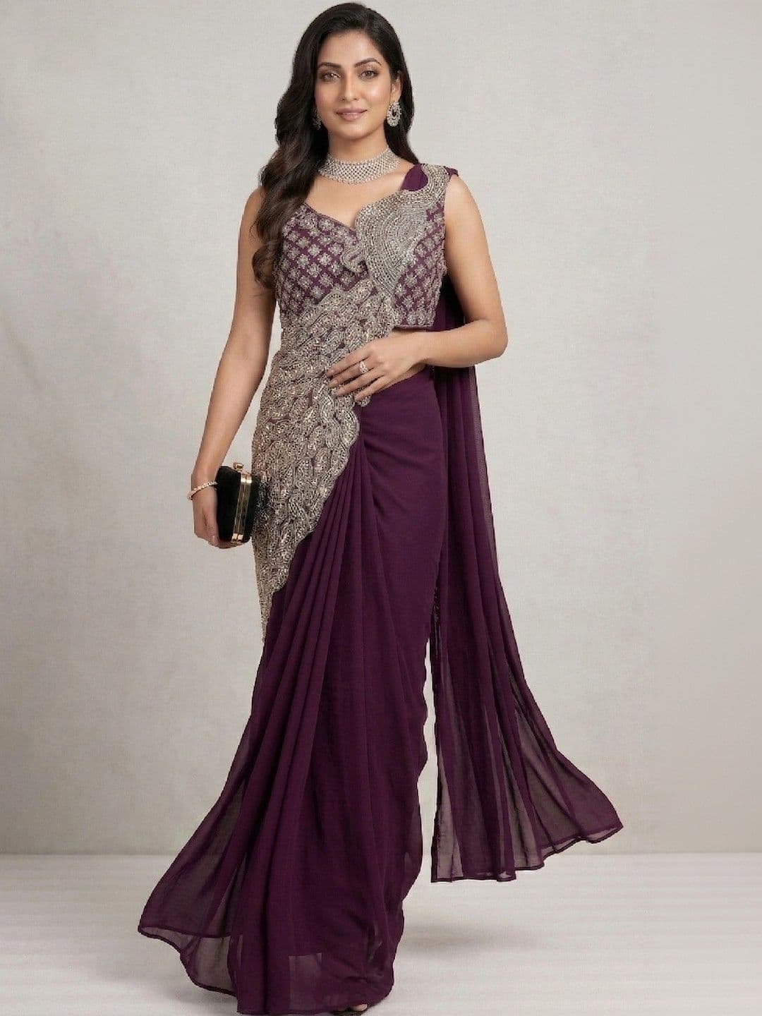 SmileyFashion Embellished Embroidered Pure Georgette Designer Saree - view 1