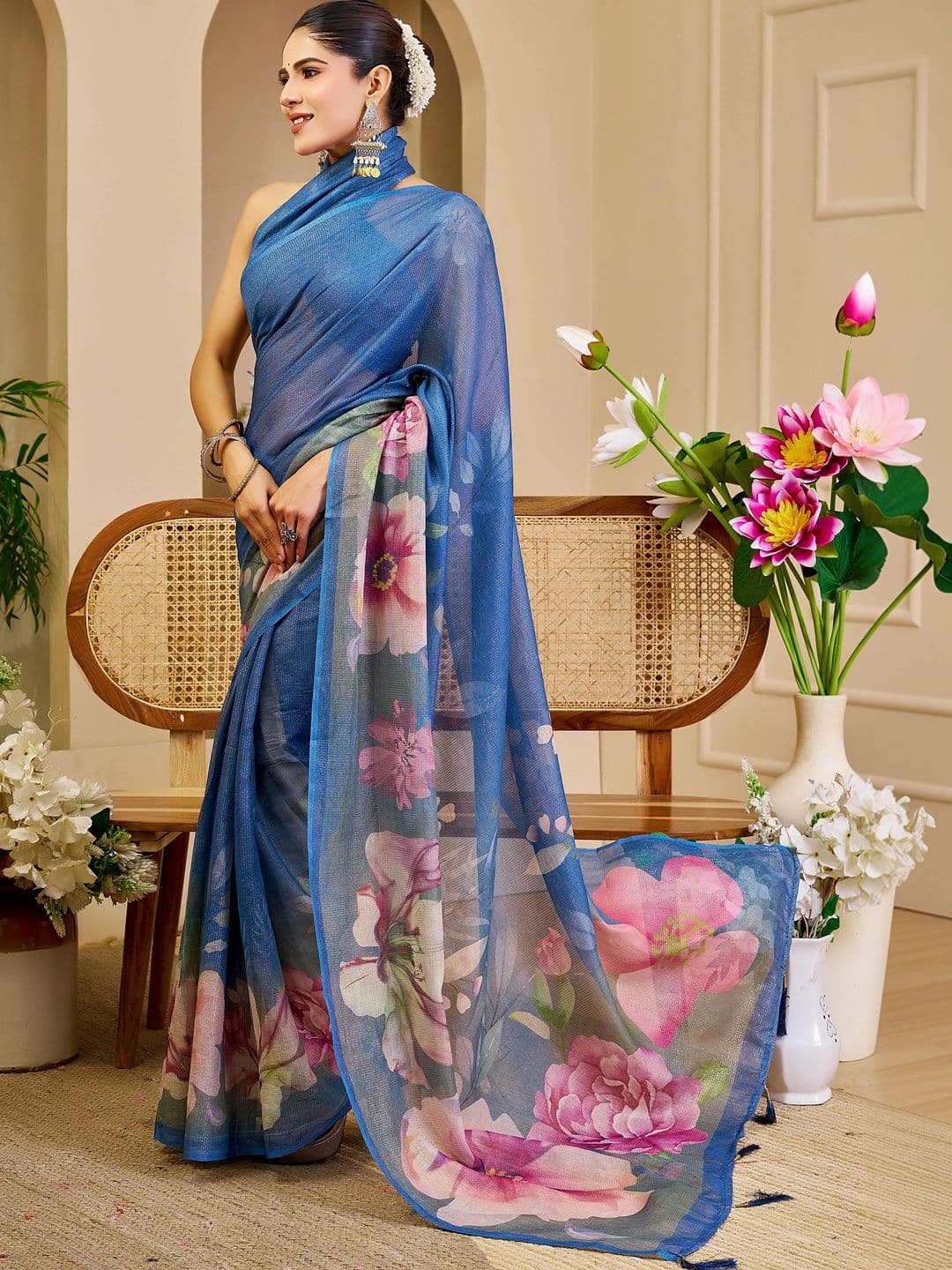 HERE&NOW Floral Printed Silk Cotton Handloom Saree thumbnail 3
